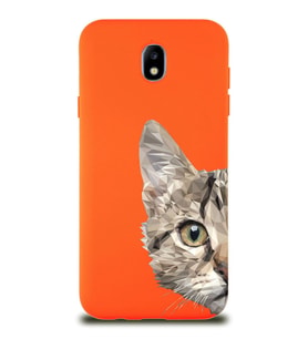 Samsung Galaxy J7 Pro Uyumlu Lansman Kılıf Catface Tasarımlı İçi Kadife Kapak-Turuncu (Şeffaf)