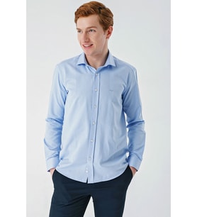 Koyu Mavi Uzun Kollu Oxford Cepsiz Pamuklu Klasik Slim Fit Dar Kesim Gömlek 1004240235