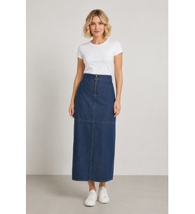 Önü Fermuarlı Yüksek Bel Denim Maxi Etek Y25-7581-Mavi