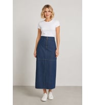 Önü Fermuarlı Yüksek Bel Denim Maxi Etek Y25-7581-Mavi