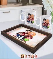 BK Gift Kişiye Özel Aile Karikatürlü Doğal Ahşap Tepsi ve 2’li Kupa Bardak Seti-5