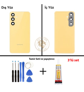 Samsung Galaxy S24 FE Sarı Renk Lensli Arka Kapak + Tamir Seti + B7000 Yapıştırıcı Arka Cam Batarya Kapağı Pil Kapağı Lazer Kesim Back Cover Galaxy S24 FE Uyumlu