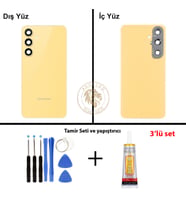 Samsung Galaxy S24 FE Sarı Renk Lensli Arka Kapak + Tamir Seti + B7000 Yapıştırıcı Arka Cam Batarya Kapağı Pil Kapağı Lazer Kesim Back Cover Galaxy S24 FE Uyumlu