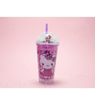 Hello Kitty Figürlü Pipetli Şeffaf Plastik Bardak – Simli Kapaklı Kawaii Tasarım İçecek Bardağı (Pembe - Ekru - Kahverengi)