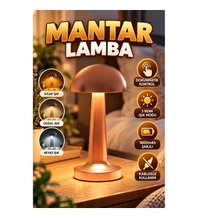 Bronz Mantar Masa Lambası – 3 Renk Dokunmatik LED, 1800mAh Şarjlı ve Kablosuz