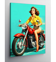 Kanvas Tablo Kırmızı Motosiklet Süren Retro Kadın