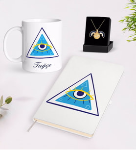 BK Gift Kişiye Özel Nazar Temalı Beyaz Defter Kupa ve Açılan Nazar Kolye Hediye Seti-4 (Model 1)