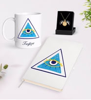 BK Gift Kişiye Özel Nazar Temalı Beyaz Defter Kupa ve Açılan Nazar Kolye Hediye Seti-4 (Model 1)