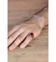 Kırmızı Zirkon Topaz Taşlı Yanı Figür Ve Taş Işlemeli 925 Ayar Erkek Gümüş Yüzük
