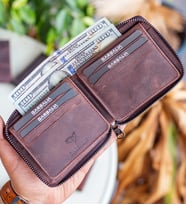 Garbalia Carole Hakiki Deri Fermuar Kilitli Unisex Cüzdan Crazy Kahverengi