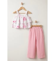 Çiçek Desen Bluz Keten Pantolon Takım Pembe