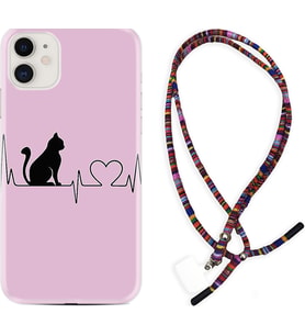 Apple iPhone 11 12 13 Mini Kılıf Boyun Asklı Rasta Silikon Pink Cat Heart 1303