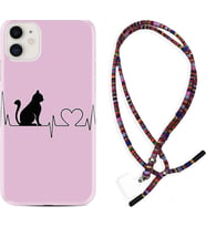 Apple iPhone 11 12 13 Mini Kılıf Boyun Asklı Rasta Silikon Pink Cat Heart 1303