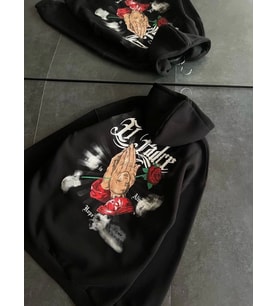 Üç İplik Penye Uzun Kol Kapşonlu Baskılı SweatShirt - Siyah