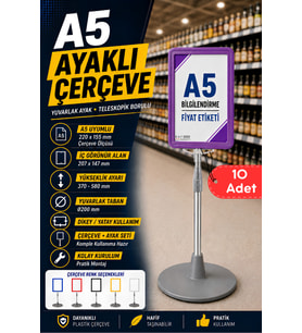 10 Adet - A5 Ayaklı Menü ve Fiyat Bilgi Standı Yuvarlak Tabanlı Teleskopik Çerçeve Etiketlik Mor