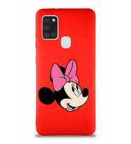 Samsung Galaxy A21S Soft Premier Kapak Minnie Mouse-A Tasarımlı Silikon Kılıf - Kırmızı (Şeffaf)