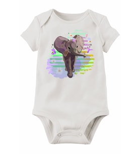 Unisex Beyaz Fil Baskılı Bebek Body Zıbın
