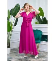 Neşeli Butik Kadın Mürdüm Kruvaze Yaka Bağlama Detaylı Uzun Şifon Elbise NB0001