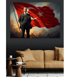 Türk Bayrağı Önünde Atatürk Portresi Dekoratif Kanvas - Mdf Ahşap Tablo