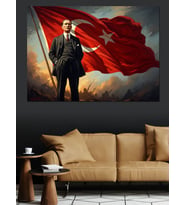 Türk Bayrağı Önünde Atatürk Portresi Dekoratif Kanvas - Mdf Ahşap Tablo