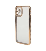 iPhone 12 Kılıf Şeffaf Arka Yüzey Kamera ve Kenarları Taşlı Silikon (Gold)