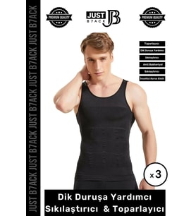 #KorseAtlet Göbek Sıkılaştırıcı Dik Duruş Vücut Bel Göğüs Toparlayıcı Kolsuz 3'lü Erkek Korse Atlet (Siyah)