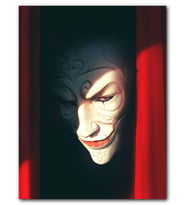 Cakatablo MDF (Ahşap) Tablo Kırmızı Perdeler Arasındaki Ürkütücü Beyaz Maske