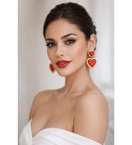 Royal Crimson Gold Kenarlı İkili Kırmızı Kalp Küpe - Şık ve Gösterişli, Sevgililer Günü, Hediye