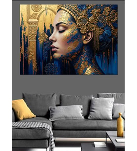 Dore Altın Ve Lacivert Renk Süslemeli Nefertiti Portresi Modern Sanat Dekoratif Kanvas - Mdf Ahşap Tablo