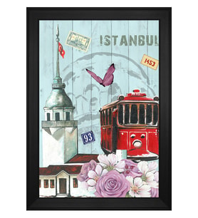 İstanbul Pul Motifli Kanvas Tablo 50 x 70 cm Siyah Çerçeve