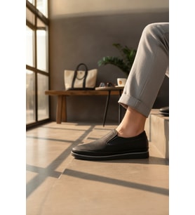 Enoch Hakiki Deri Siyah Lazer Kesim Detaylı Erkek Comfort Loafer