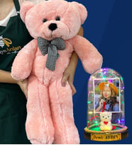 Size Özel Renkli Led Işıklı Fanus ve Büyük Boy Pembe Peluş Ayıcık Hediye Seti (Model 1)