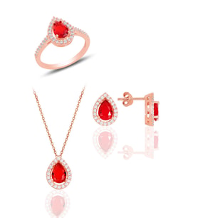 Söğütlü Silver Gümüş rose kırmızı taşlı damla modeli üçlü set
