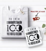 BK Gift 100. Yıl Hatırası Beyaz Tişört, Kupa Bardak ve Gold Metal Rozet Hediye Seti-3, 29 Ekim Hediyesi, Cumhuriyet Bayramı, 100.Yıl Hediyesi