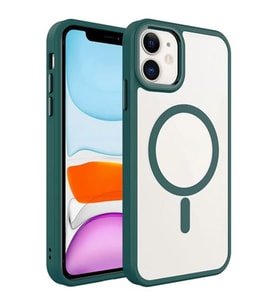 Coverzone iPhone 11 ile uyumlu K?l?f Wireless ?arj �zellikli Metal buton Z-Krom MagSafe ile uyumlu ?effaf Transparan Double Color Silikon Kapak Koyu Ye?il