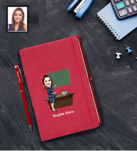Kişiye Özel Öğretmen Karikatürlü  Kırmızı Defter Kalem Hediye Seti Bayan-18