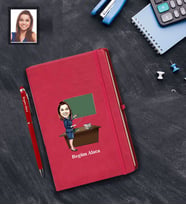 Kişiye Özel Öğretmen Karikatürlü  Kırmızı Defter Kalem Hediye Seti Bayan-18