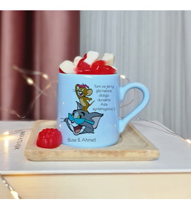 Tom & Jerry Tasarımlı Kişiye Özel Mavi Türk Kahvesi Fincan