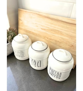3lü Seramik Sugar Tea Coffee Kavanoz Seti Kapaklı Tezgah Üstü Saklama Kavanozu 1400 ML (Beyaz)