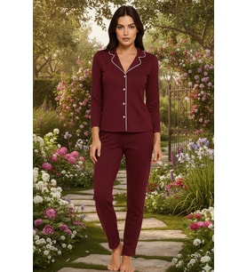 Kadın Pamuklu Süprem Önden Düğmeli Biyeli Pijama Takımı  Bordo 127