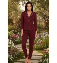 Kadın Pamuklu Süprem Önden Düğmeli Biyeli Pijama Takımı  Bordo 127