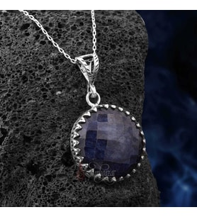 Fasetli Safir Doğal Taşı Yuvarlak Model 925 Ayar Gümüş Kolye