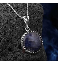 Fasetli Safir Doğal Taşı Yuvarlak Model 925 Ayar Gümüş Kolye