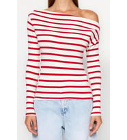 Moda Kayık Yaka Örme Slim Çizgili Desen Casual Günlük Regular Uzun Kol Bluz (Kırmızı)