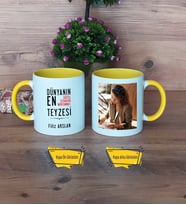 Teyzeye Hediye Kupa Bardak Sarı Fotoğraflı Doğum Günü Anneler Günü Hediyesi