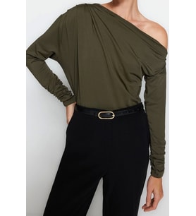 Moda Asimetrik Yaka Örme Regular Düz Desen Resmi Regular Uzun Kol Bluz (Haki)