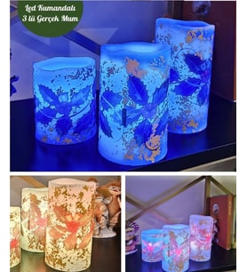 Yılbaşı Noel 3 lü Set Led Gerçek Mum Kumandalı 9 Renk Yanabilme ve Animasyonlu