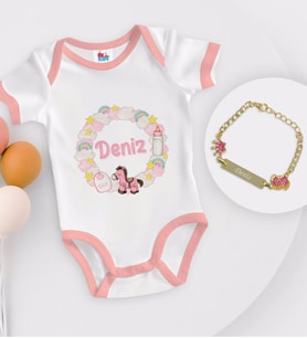BK Kids Kişiye Özel İsimli Pembe Bebek Body Zıbın ve Kız Bebek Künyesi Hediye Seti-24