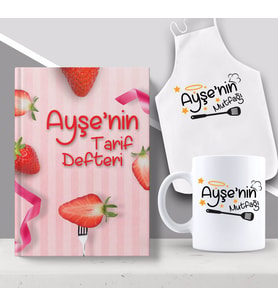 BK Gift Kişiye Özel İsimli Mutfak Önlüğü Kupa ve Yemek Tarif Defteri Hediye Seti-17 (Model 1)