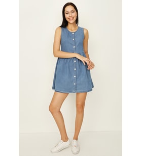 Kadın Önden Düğmeli Eteği Volanlı Denim Elbise